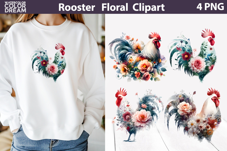 Floral Rooster Clipart PNG | Farmhouse Sublimation