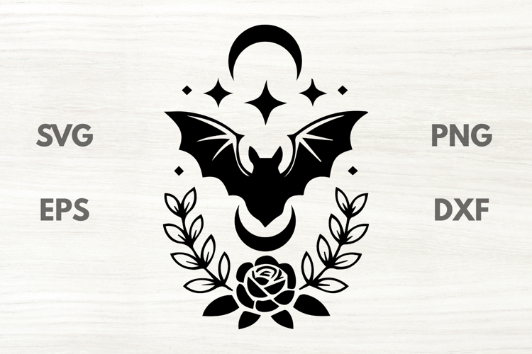 Bat with Rose Branch and Crescent SVG