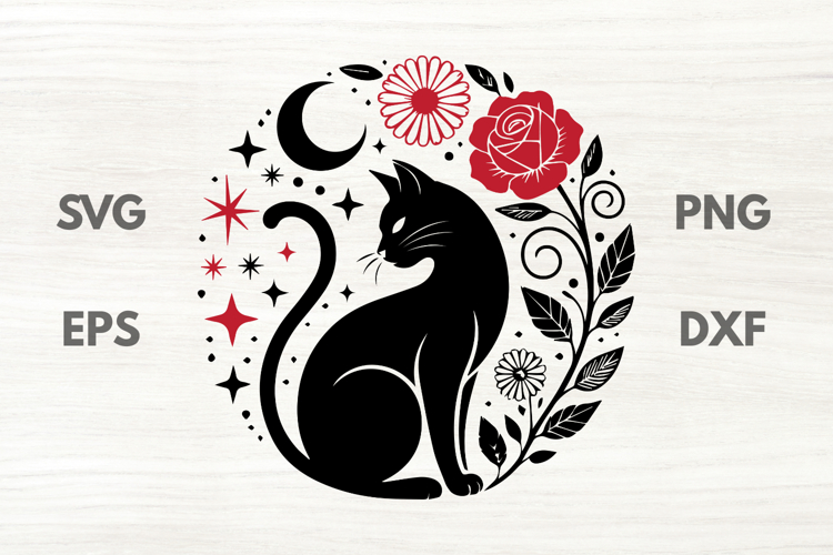 Floral Witchy Black Cat SVG
