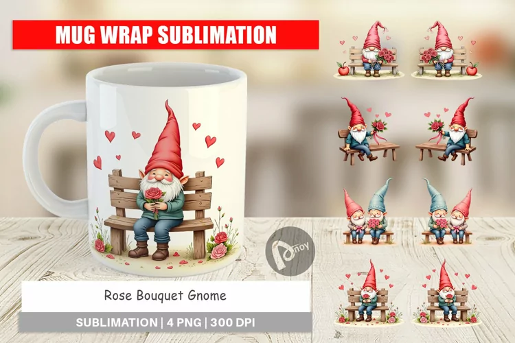 Mug Wrap Design Rose Bouquet Gnome