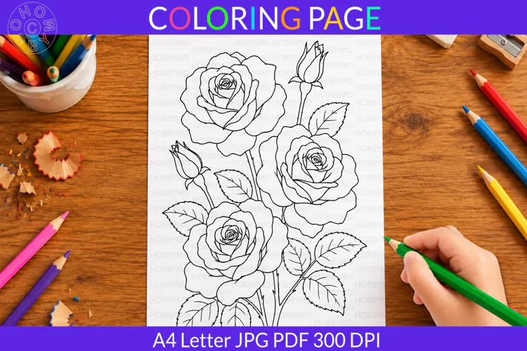 Rose coloring page A4 Letter JPG PDF