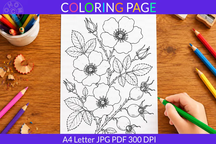 Wild Rose coloring page A4 Letter JPG PDF
