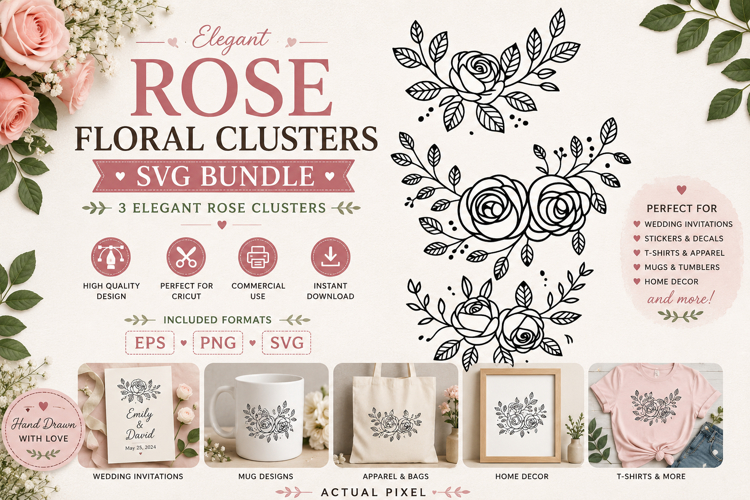 3 Rose Floral Clusters SVG PNG