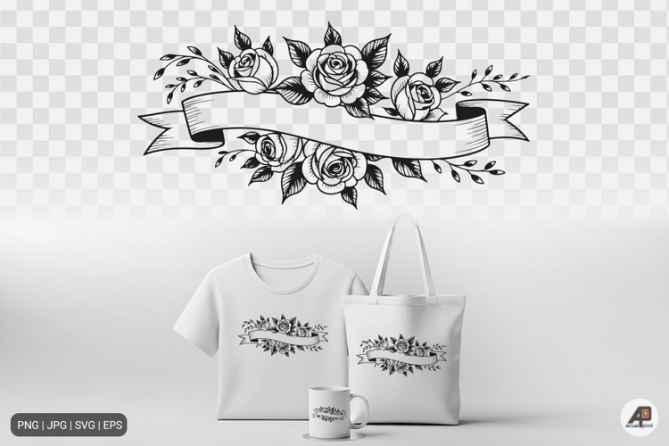 Rose Floral Ribbon Banner SVG PNG