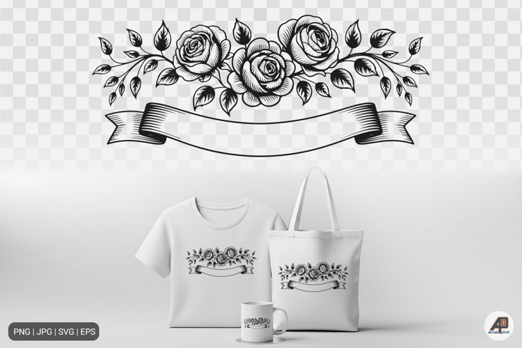 Rose Floral Ribbon Banner SVG PNG