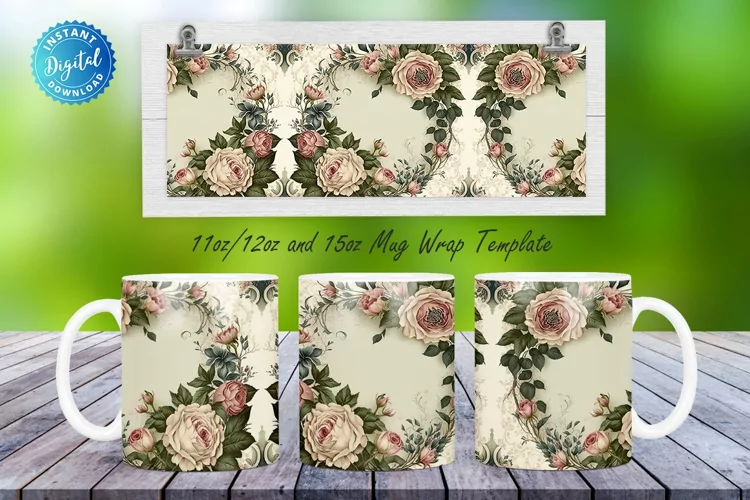 Rose Floral Vintage Shabby Flower 11, 12 & 15 Oz Mug