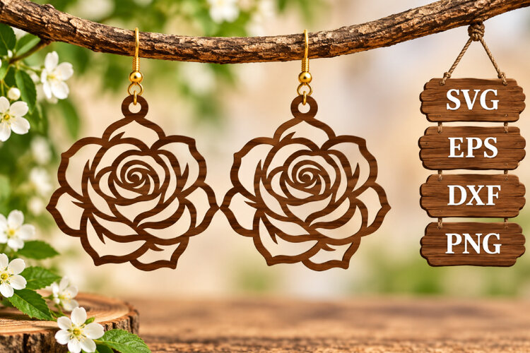 Rose Flower Earring Wood Silhouette Floral Blossom Laser SVG example image 1