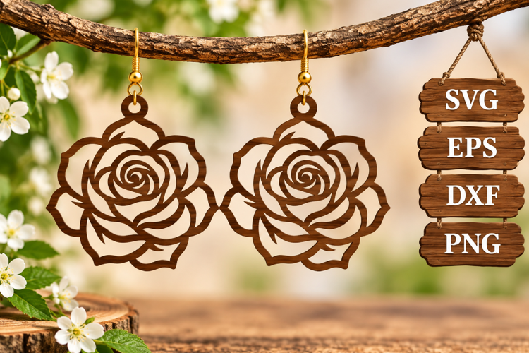 Rose Flower Earring Wood Silhouette Floral Blossom Laser SVG