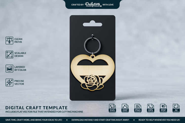 Rose Flower Heart Keychain Laser Cut