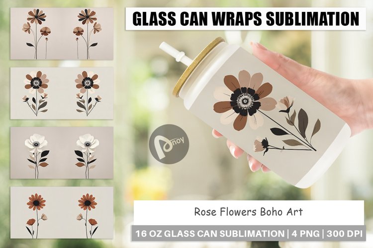 Glass Can Wraps Rose Flowers Boho Art