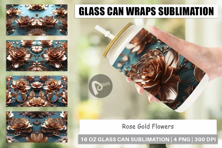 Glass Can Wraps Rose Gold Flowers