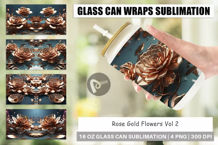 Glass Can Wraps Rose Gold Flowers
