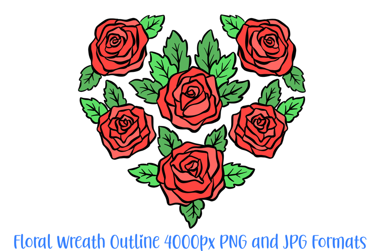 Rose Heart Floral Flower Graphic Red Wreath Outline PNG