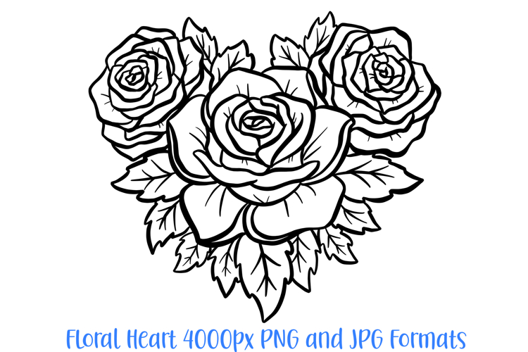 Rose Heart Flower Graphic Outline Floral Wreath Clipart PNG