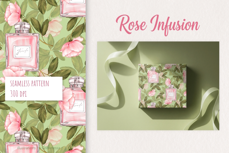Elegant Hand-Drawn Pink Rose and Perfume Seamless Pattern