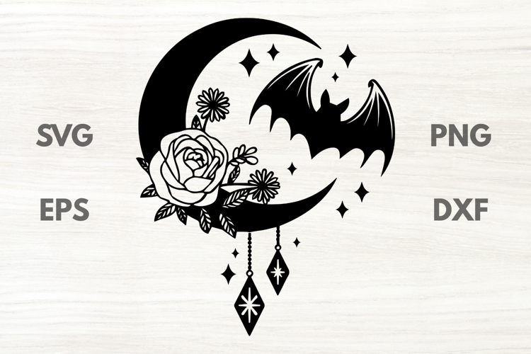 Rose moon with ornaments and bat and Stars SVG