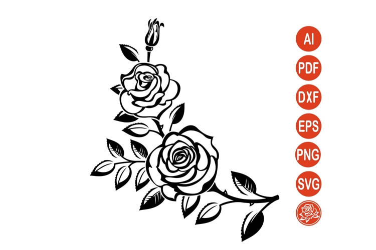 Branch of Roses SVG Line Art Flowers Black Outline