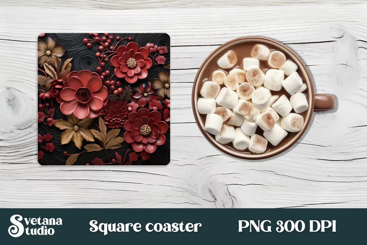Leather flower square coaster | 3d flower coaster PNG design