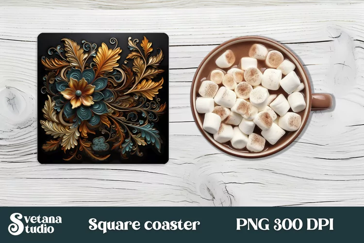 Leather floral square coaster sublimation design PNG