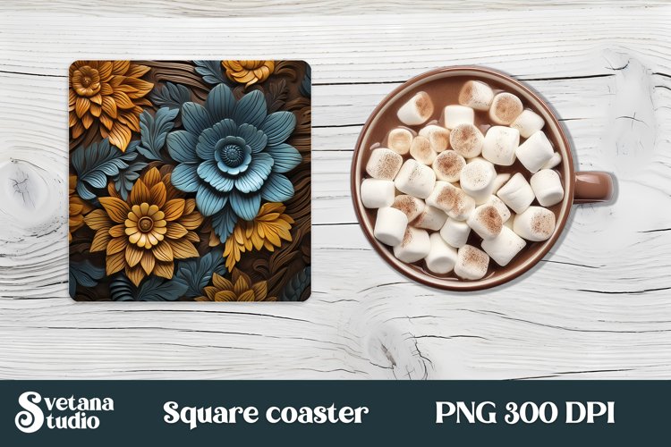 Leather 3d flower square coaster sublimation PNG