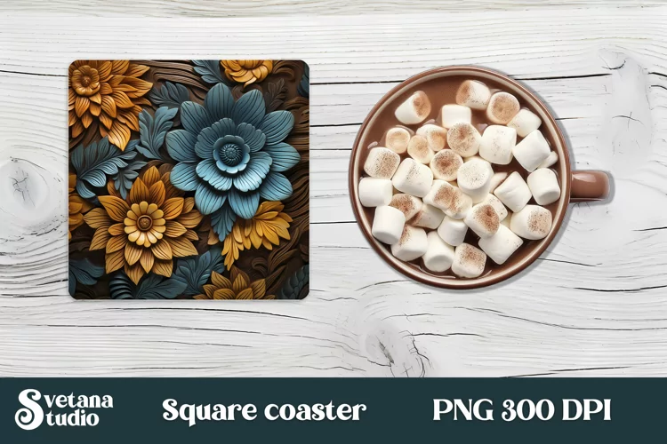 Leather 3d flower square coaster sublimation PNG