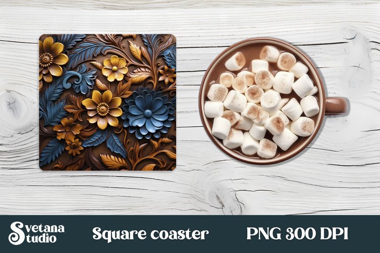 Leather 3d flower square coaster sublimation | Coaster PNG