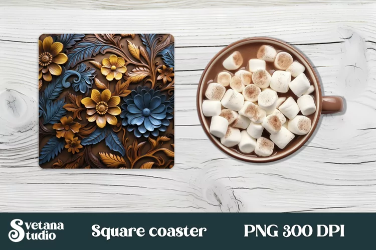 Leather 3d flower square coaster sublimation | Coaster PNG