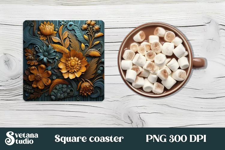 Leather 3d flower square coaster | Coaster PNG