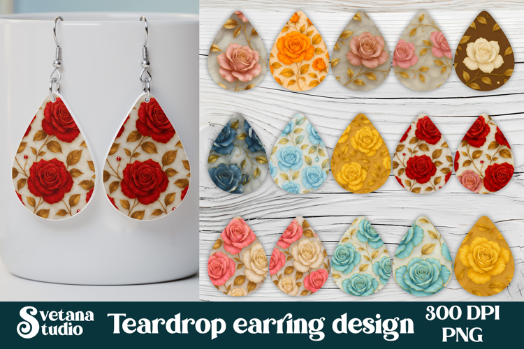 Flower teardrop earring sublimation | Rose earring PNG