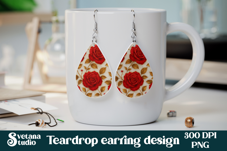 Flower teardrop earring sublimation | Rose earring PNG