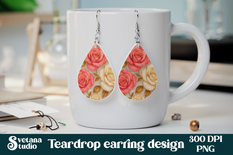 Flower teardrop earring sublimation | Rose earring PNG