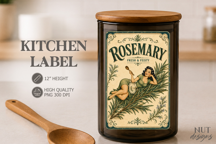 Vintage Rosemary Kitchen Label Pin up girl Pantry label