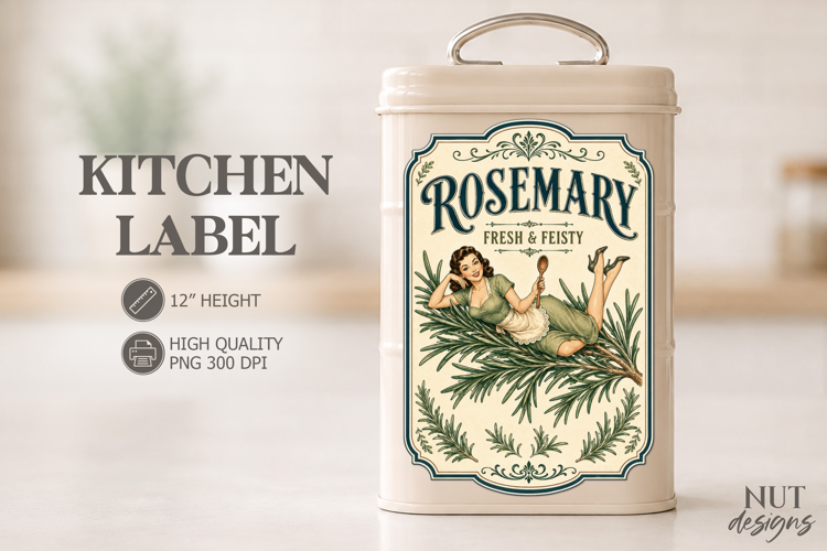 Vintage Rosemary Kitchen Label Pin up girl Pantry label