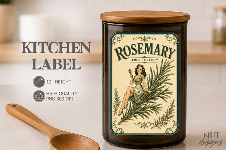 Vintage Rosemary Kitchen Label Pin up girl Pantry label