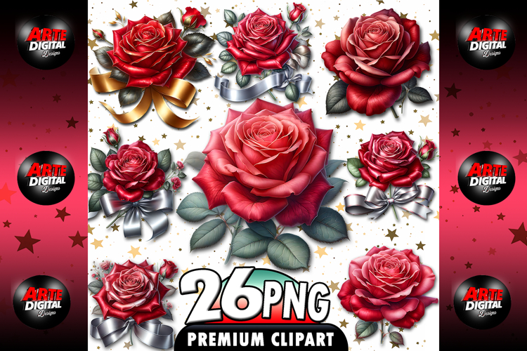 Watercolor Red Roses Clipart Bundle