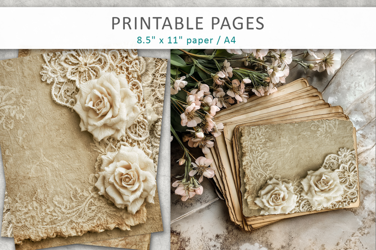 vintage lace rose background, junk journal pages