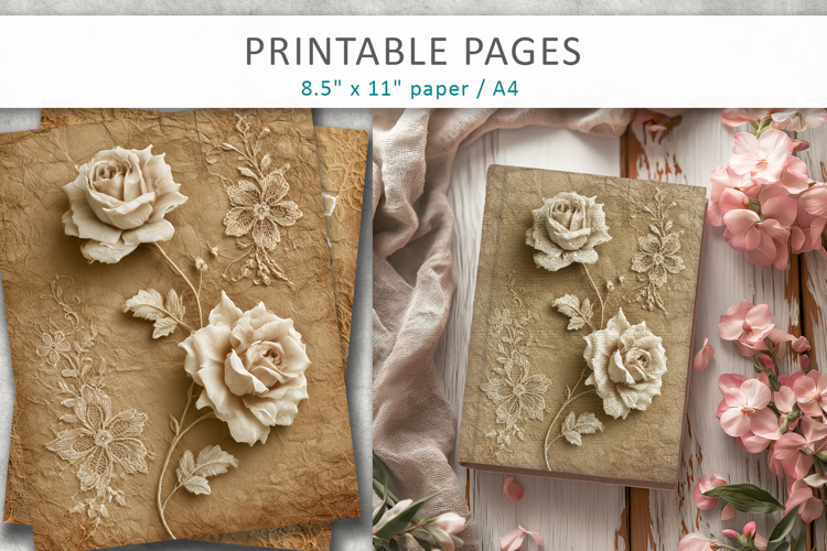vintage lace rose junk journal pages, floral scrapbook paper