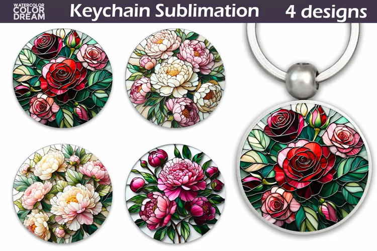 Roses Peonies Keychain | Stained Glass Keychain Sublimation