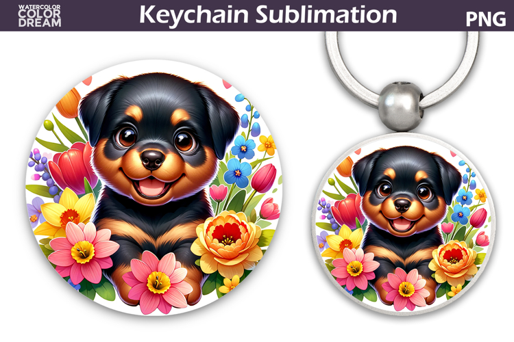 Rottweiler Round Keychain | Dog Floral Key Keychain