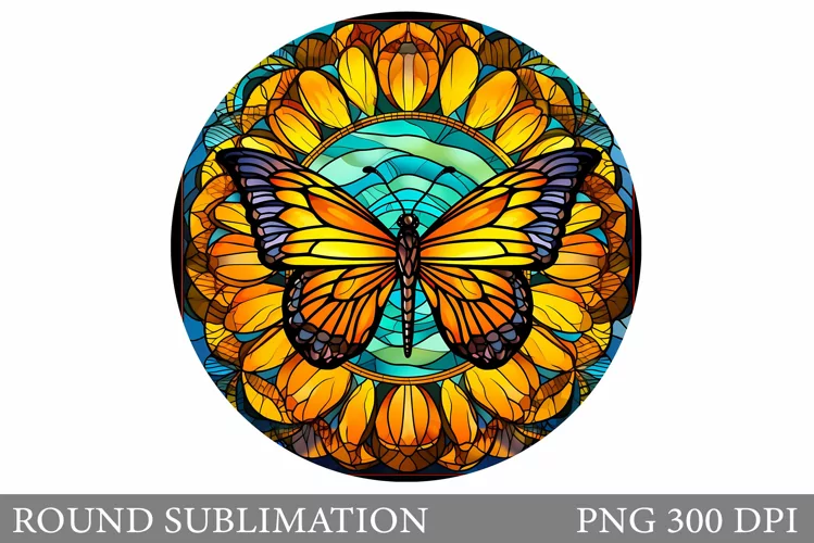 Stained Glass Butterfly. Flowers Round Sublimation