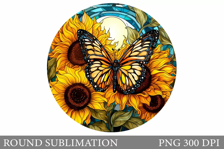 Stained Glass Butterfly. Flowers Round Sublimation