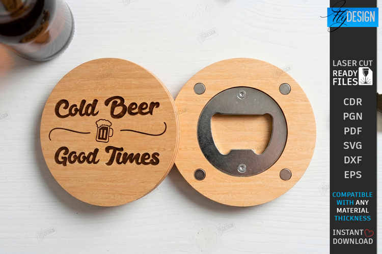 Round Wooden Beer Bottle Opener Laser Cut - Magnet Coasters