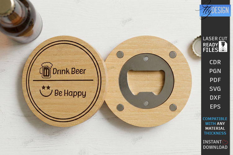 Round Wooden Beer Bottle Opener Laser Cut - Magnet Coasters