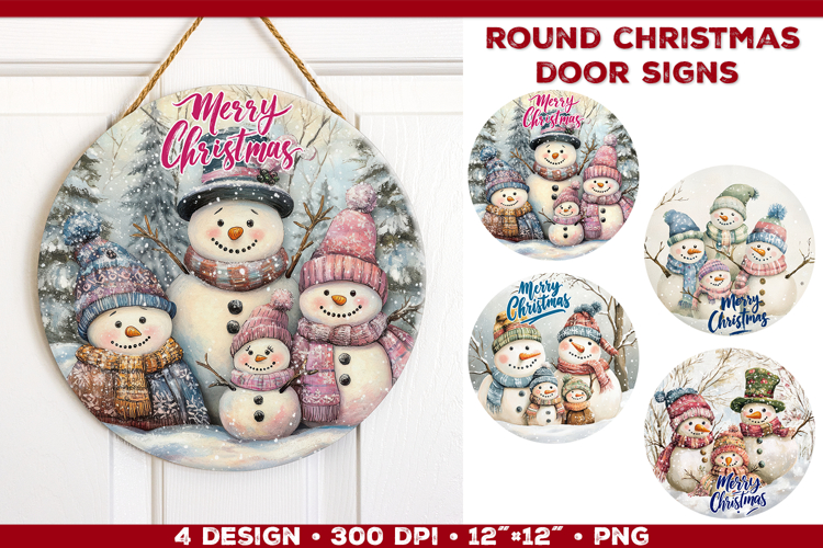 Round Christmas Door Sign Sublimation Design with Snowmen