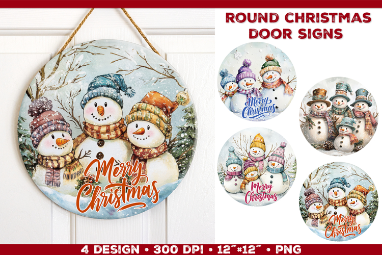 Round Christmas Door Sign Sublimation Design with Snowmen
