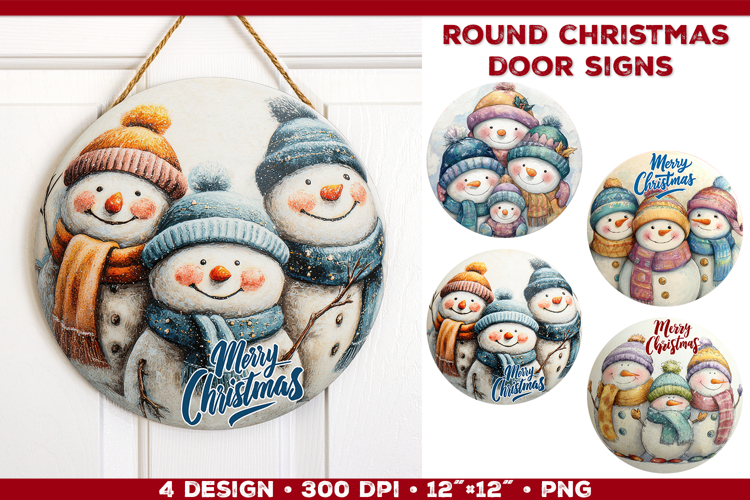 Round Christmas Door Sign Sublimation Design with Snowmen