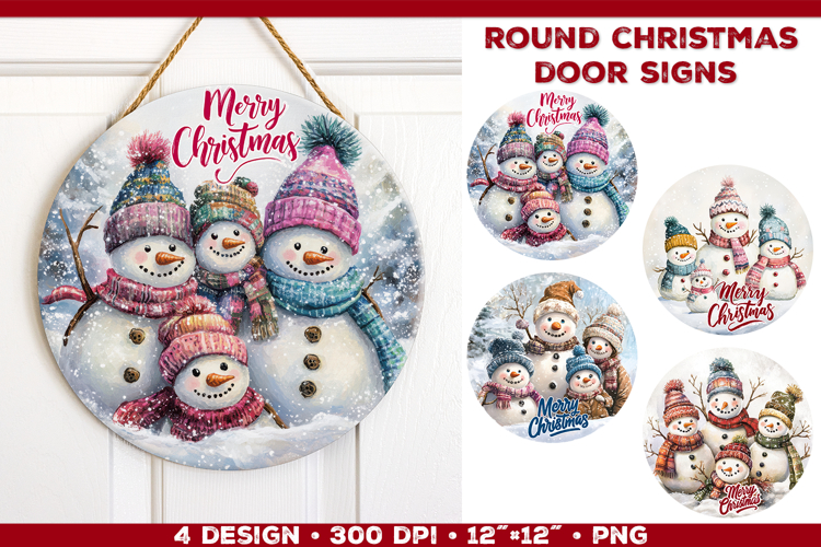 Round Christmas Door Sign Sublimation Design with Snowmen