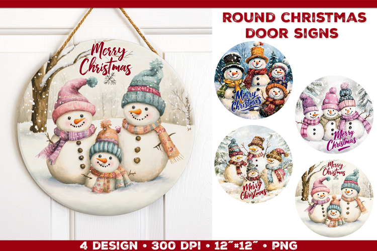 Round Christmas Door Sign Sublimation Design with Snowmen