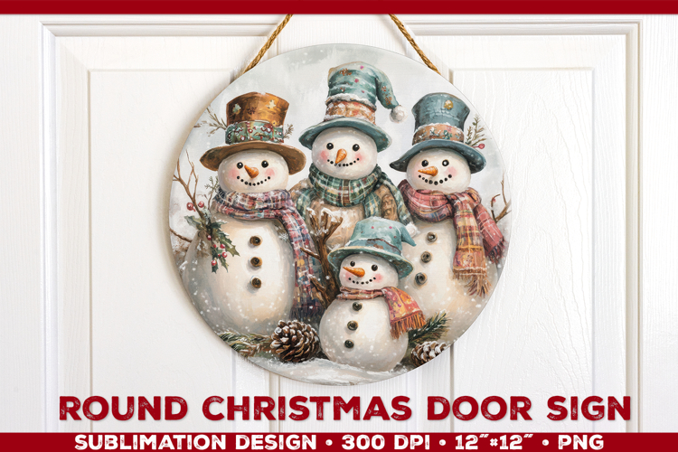 Round Christmas Door Sign Sublimation Design with Snowmans