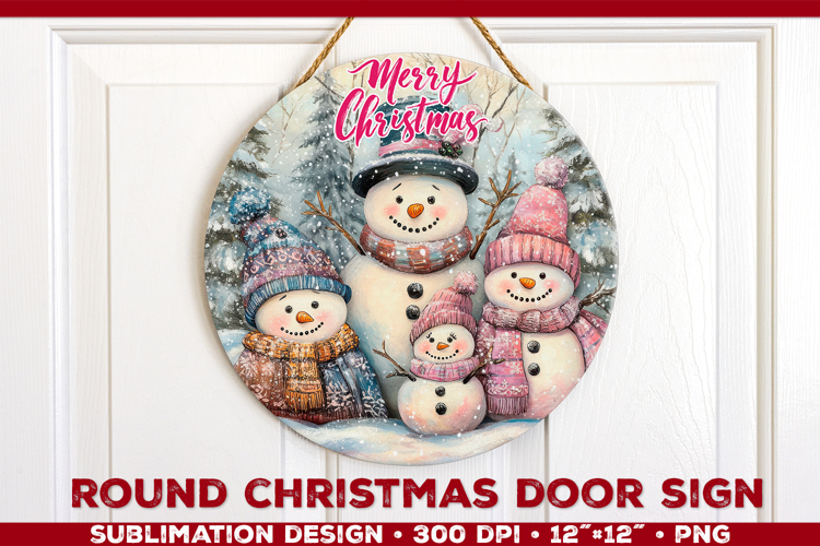 Round Christmas Door Sign Sublimation Design with Snowmans